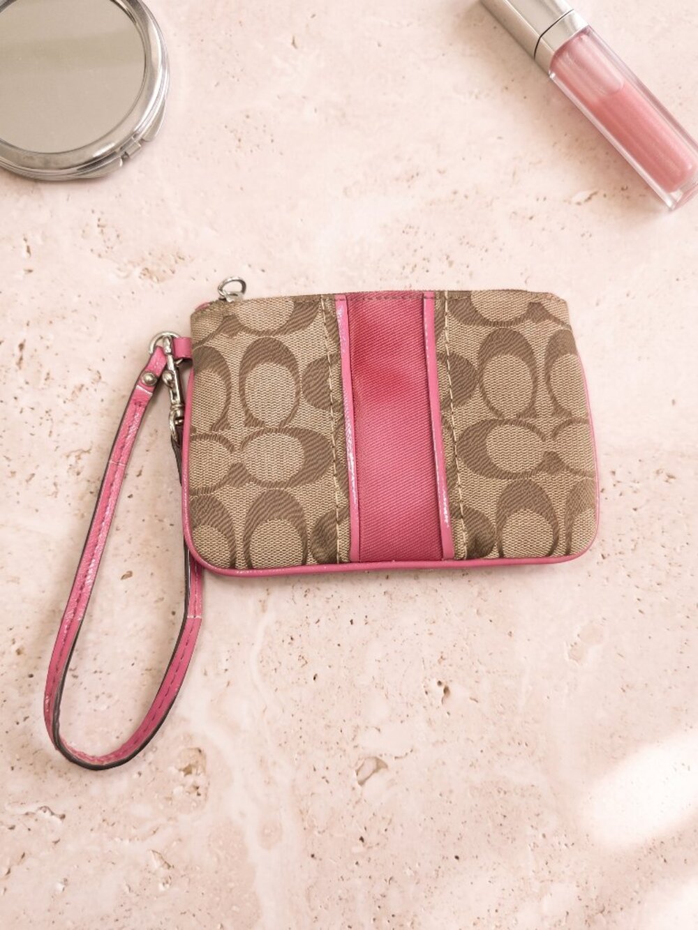 Coach Signature Jacquard Heritage Stripe Mini Wristlet Khaki Magenta Silver TLC